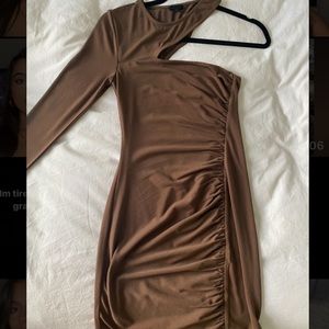 NBD brown one shoulder mini dress, worn once from Revolve